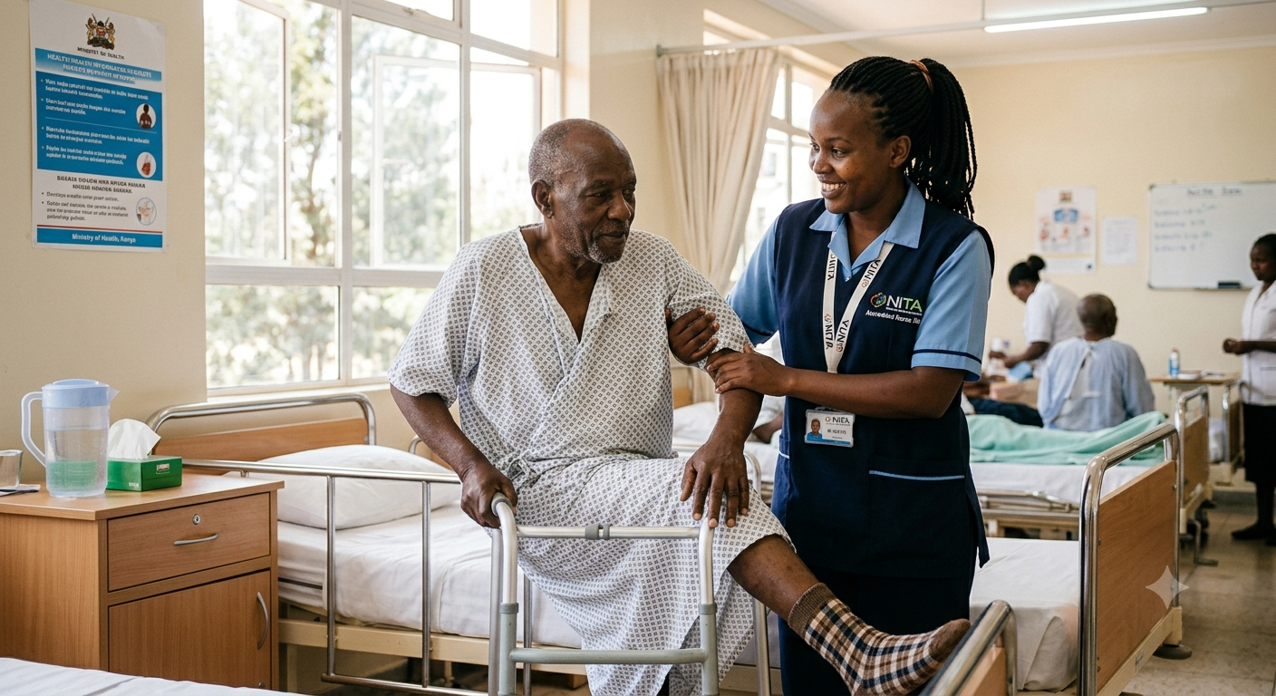 A NITA-accredited nurse aid warmly assisting a patient with daily care