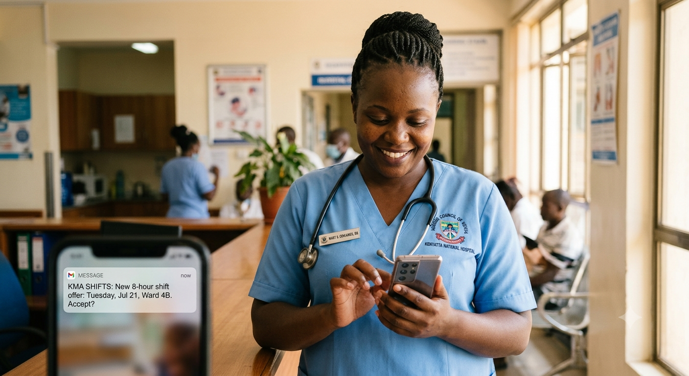 A confident Kenyan nurse smiling while reviewing a new shift offer on her smartphone