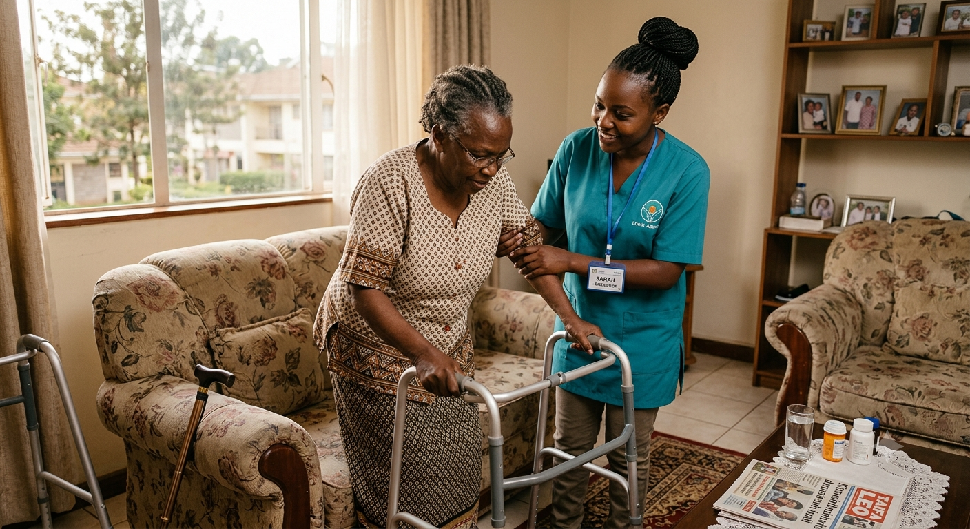A home care professional assisting an elderly patient at home