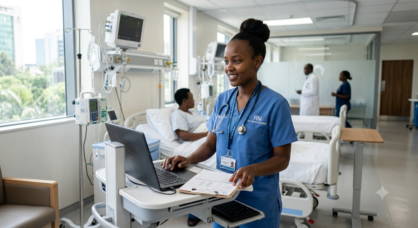 A registered nurse in a modern hospital ward