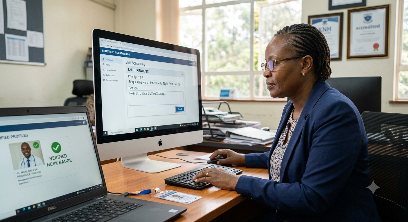 A hospital administrator sending a shift request to an available nurse