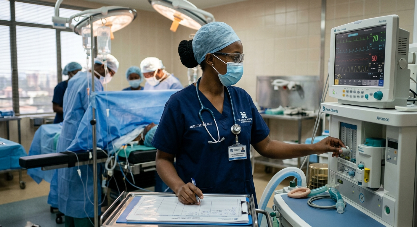 An anaesthetist at work inside an operating theatre