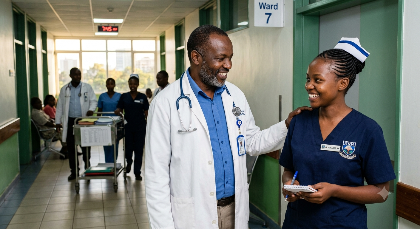 A doctor welcoming a newly arrived nurse before beginning patient rounds