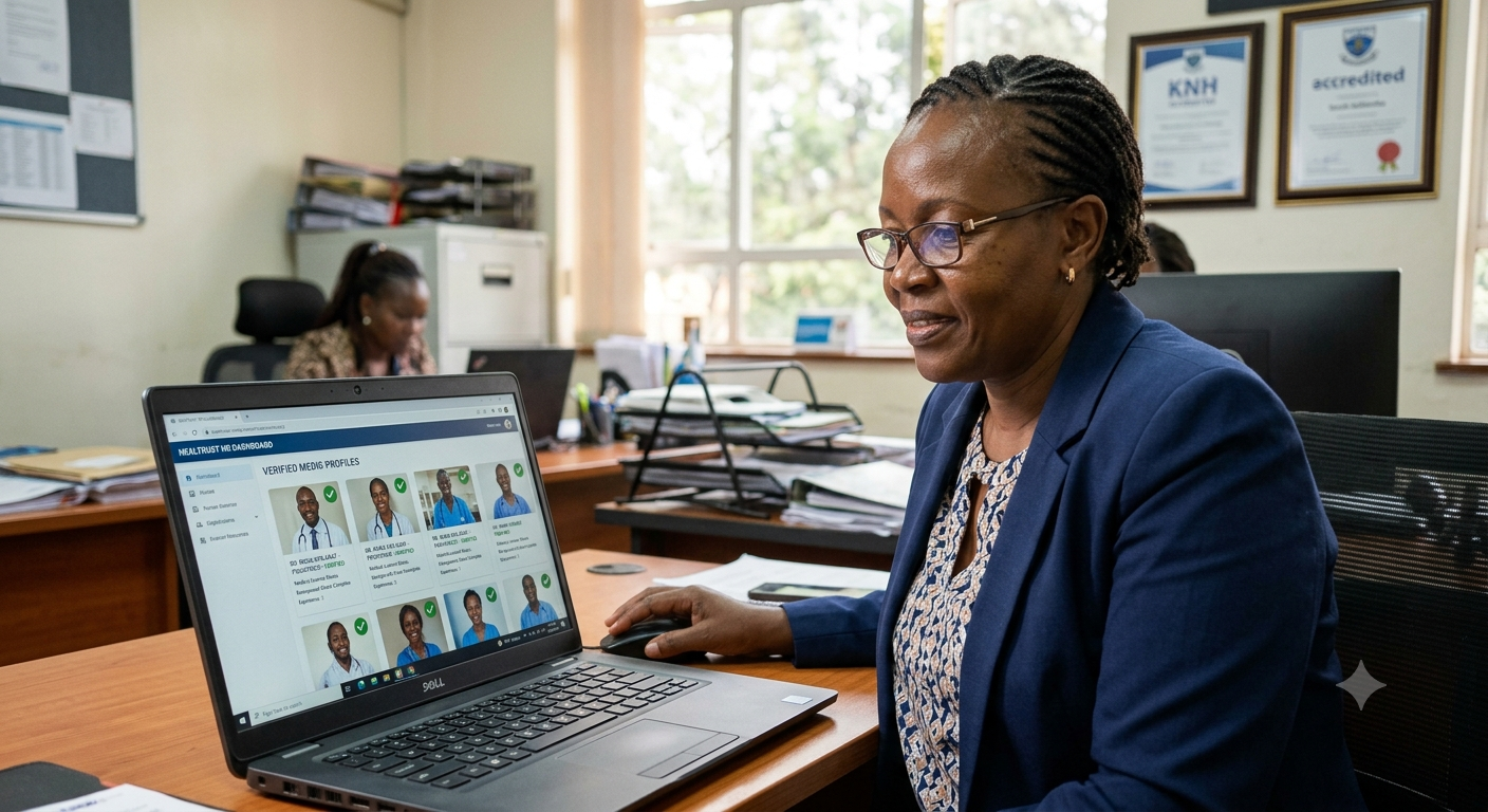 A hospital HR manager browsing verified medic profiles on a dashboard