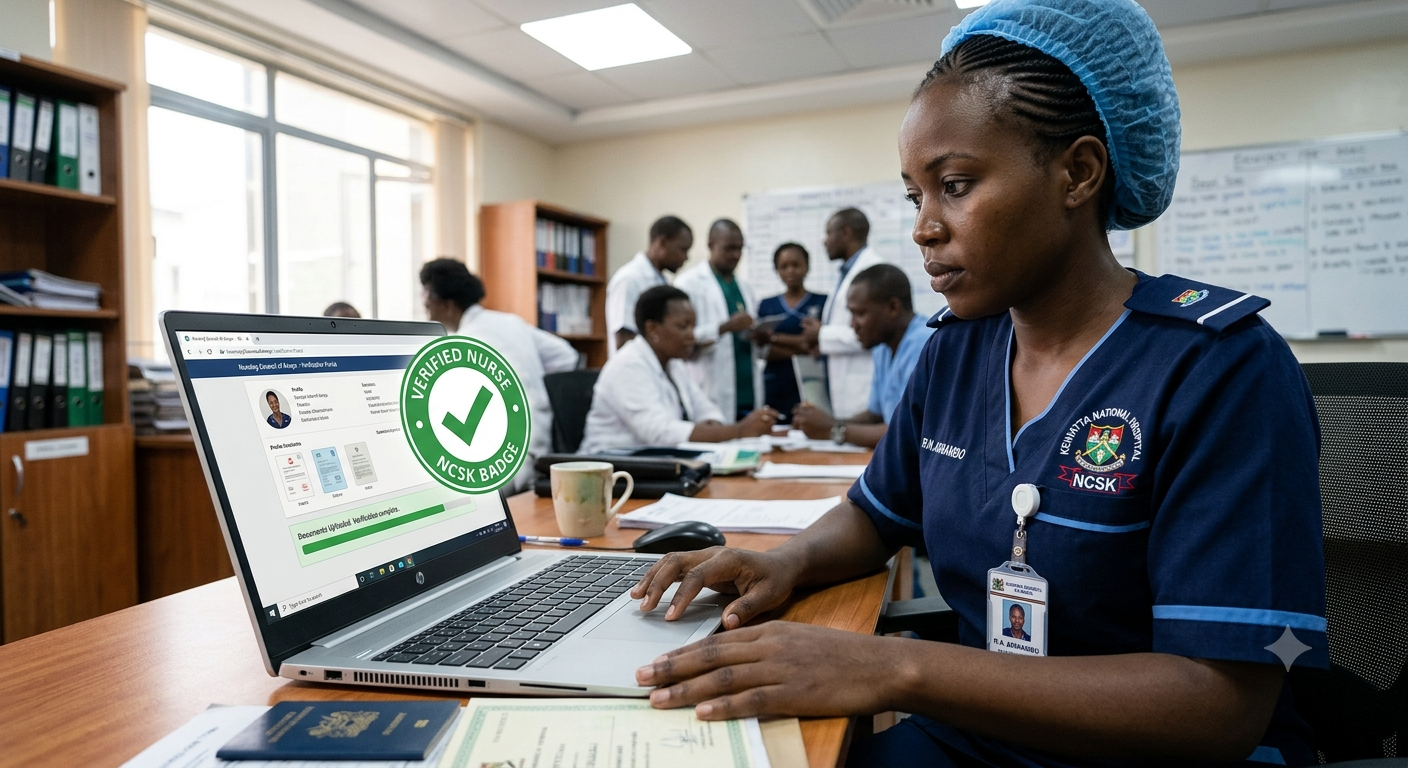 A nurse uploading her professional documents for verification on a laptop